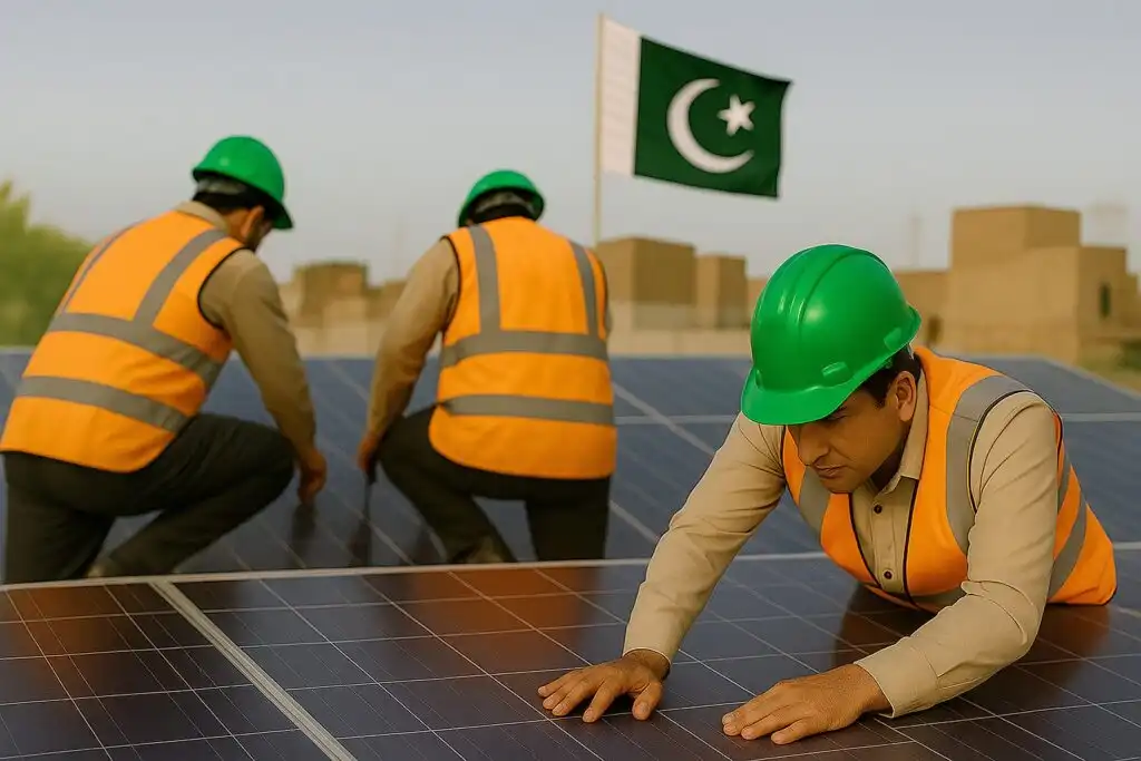 Technician performing solar installation on rooftop in Pakistan with PV panels and inverter setup