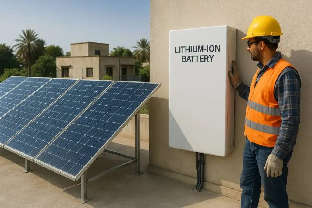 Lithium‑ion solar battery and rooftop solar panels installed at a residential property in Pakistan